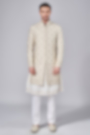 Ivory Raw Silk Resham Embroidered Groom Sherwani Set by Arjuun Kilachand at Pernia's Pop Up Shop