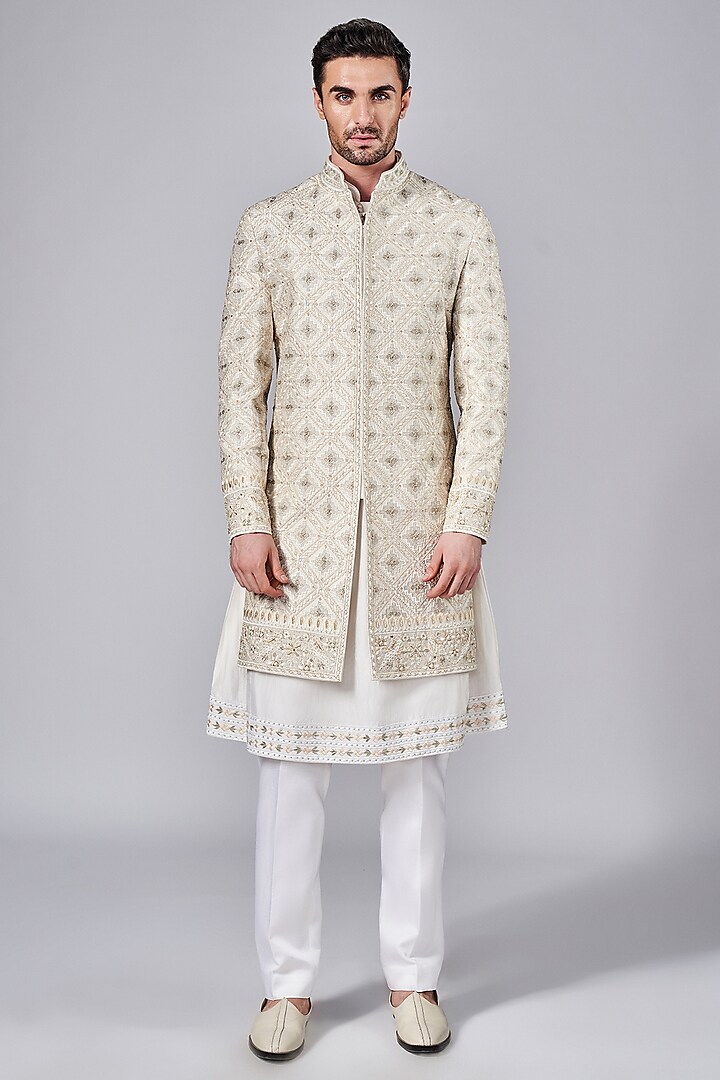 Ivory Raw Silk Resham Embroidered Groom Sherwani Set by Arjuun Kilachand at Pernia's Pop Up Shop