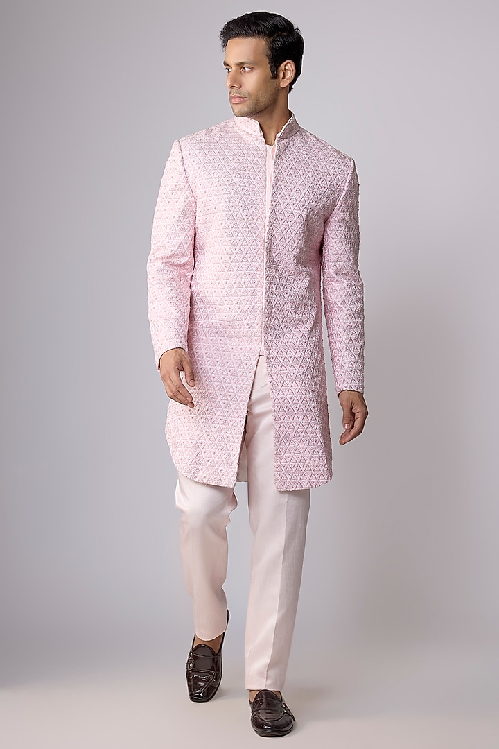 Baby Pink Silk Embroidered Groom Sherwani Set by Arjuun Kilachand at Pernia's Pop Up Shop