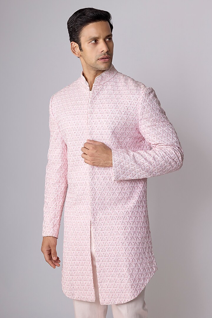 Baby Pink Silk Embroidered Groom Sherwani Set by Arjuun Kilachand at Pernia's Pop Up Shop