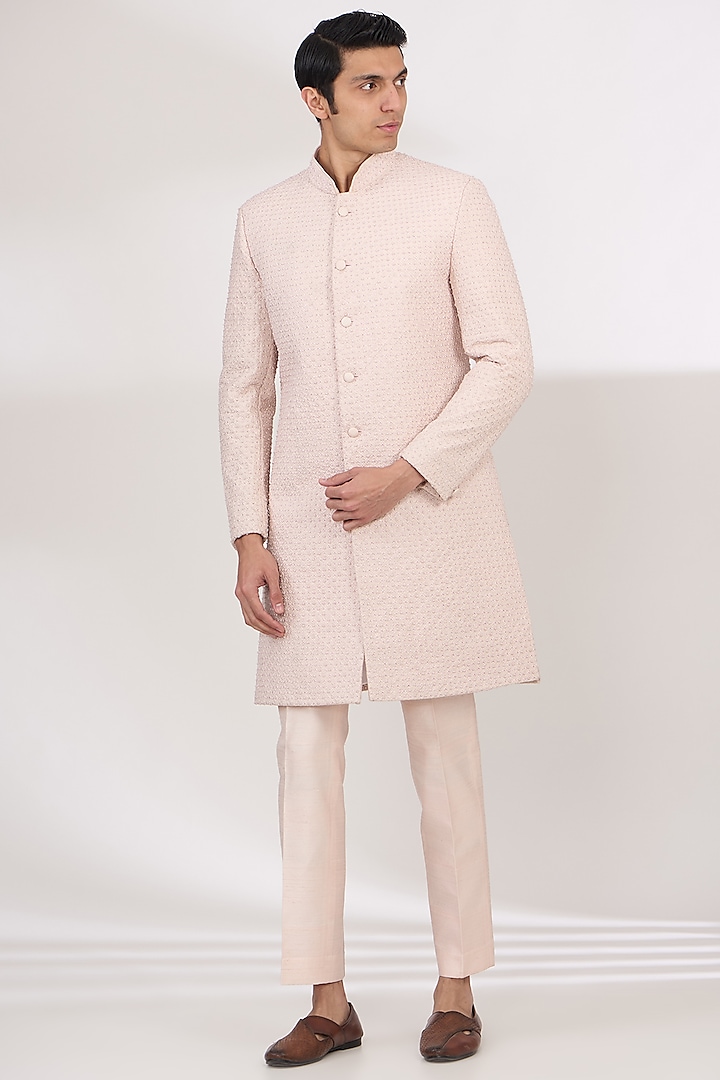 Blush Pink Silk French Knot Embroidered Sherwani Set by Arjuun Kilachand