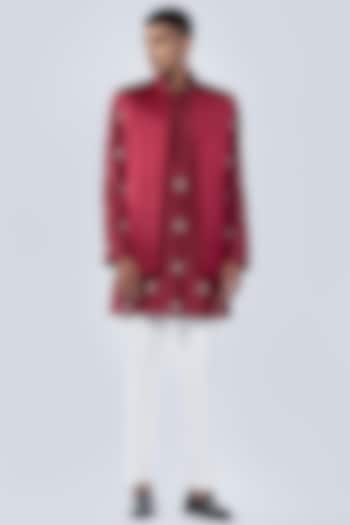 Maroon Silk Bundi Jacket Set by Arjuun Kilachand