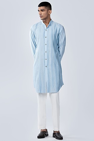 Frozen Blue Silk Pintuck Kurta by Arjuun Kilachand