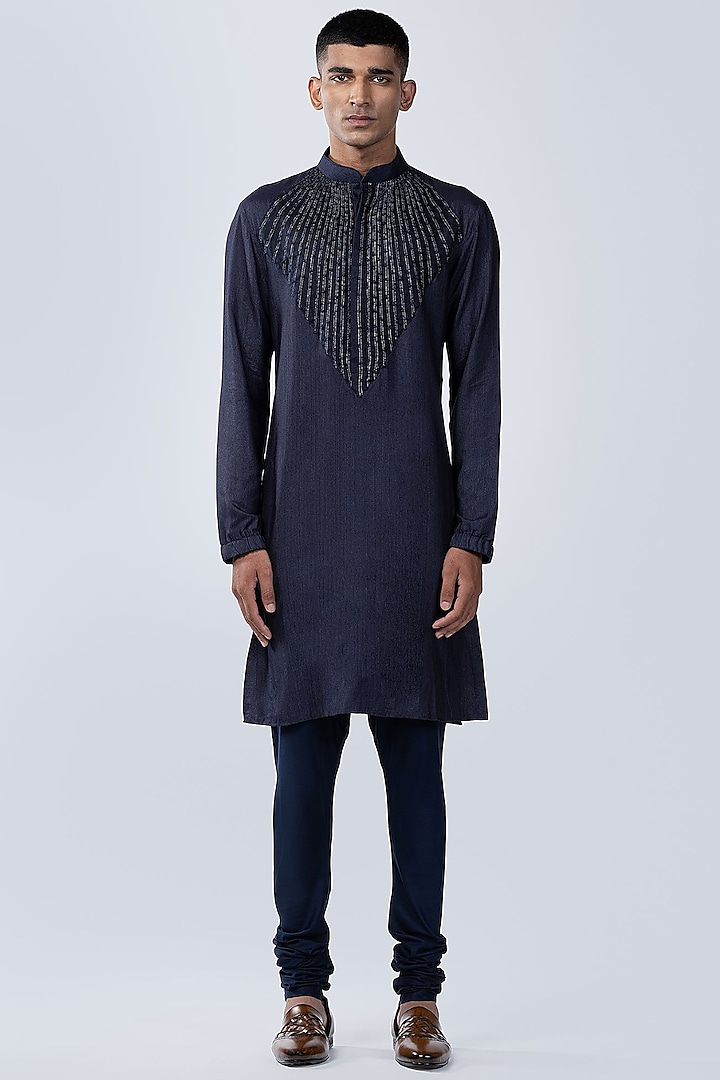 Navy Blue Silk French Knot Embroidered Kurta by Arjuun Kilachand