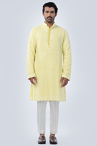 Lemon Yellow Georgette Chikankari Kurta by Arjuun Kilachand