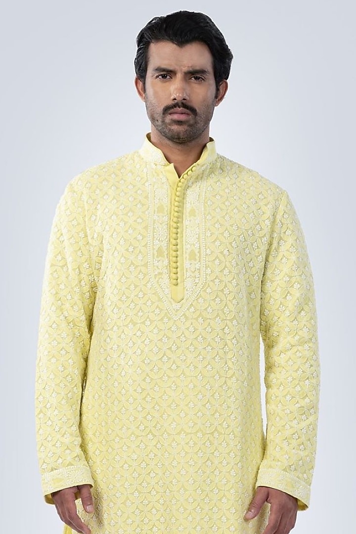 Lemon Yellow Georgette Chikankari Kurta by Arjuun Kilachand at Pernia's Pop Up Shop