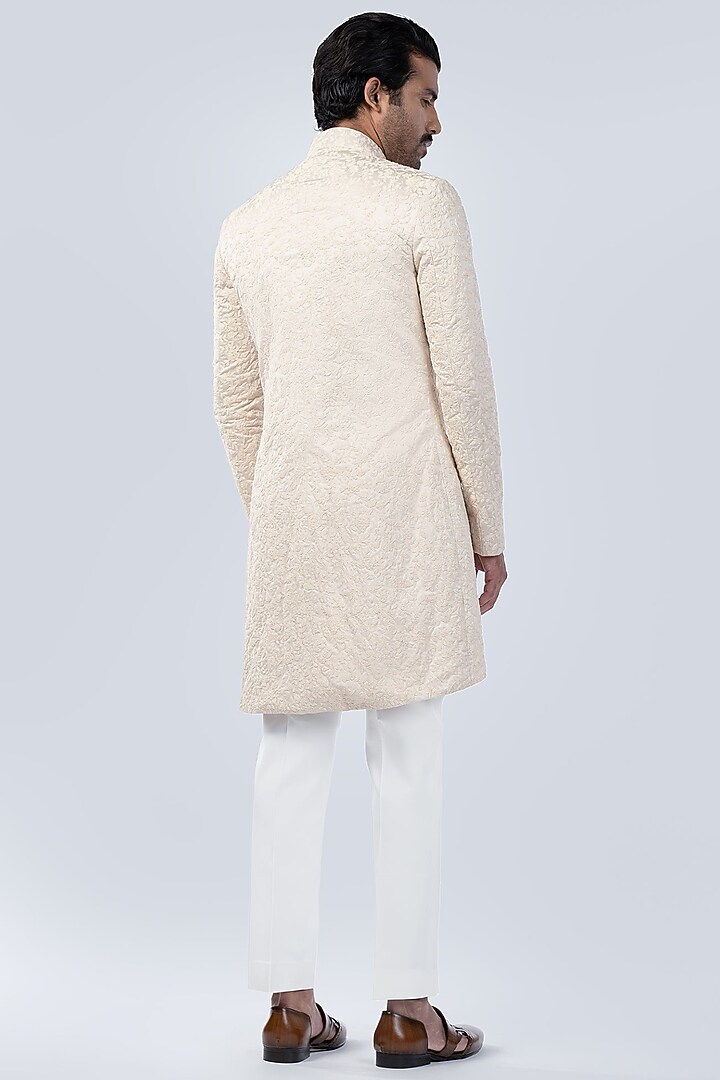 Beige Cotton Floral Embroidered Asymmetric Wedding Indowestern Set by Arjuun Kilachand at Pernia's Pop Up Shop