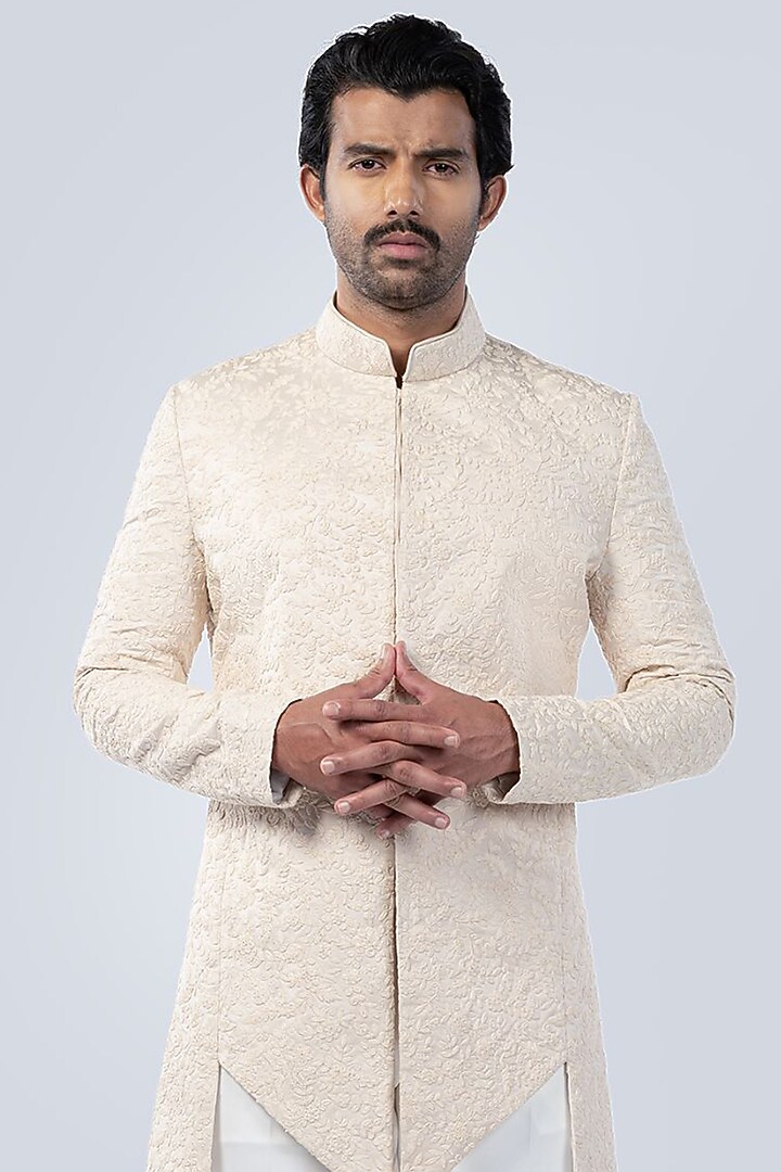 Beige Cotton Floral Embroidered Asymmetric Wedding Indowestern Set by Arjuun Kilachand at Pernia's Pop Up Shop