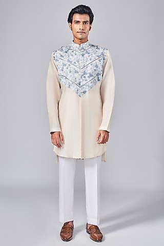 Beige Silk Printed Kurta Set by Arjuun Kilachand
