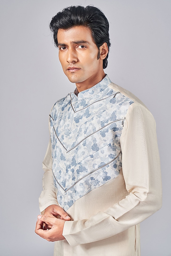 Beige Silk Printed Kurta Set by Arjuun Kilachand at Pernia's Pop Up Shop