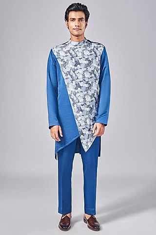Navy Blue Silk Printed Overlap Kurta Set by Arjuun Kilachand