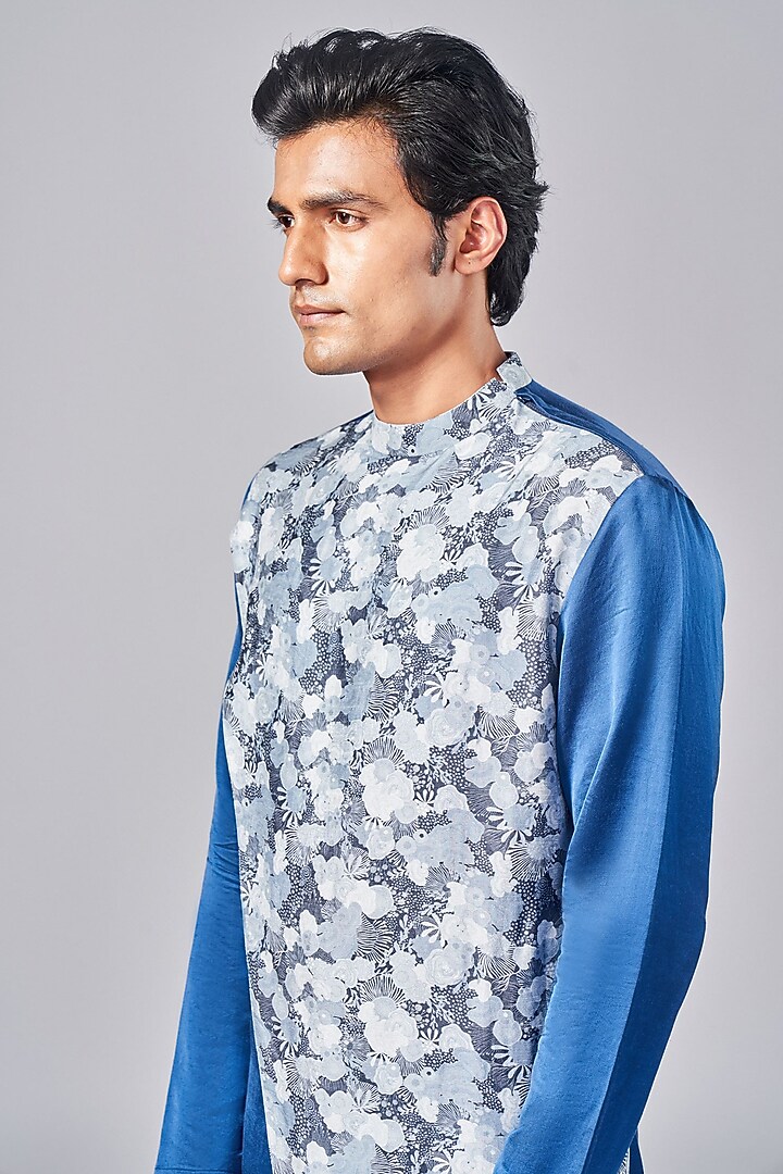 Navy Blue Silk Printed Overlap Kurta Set by Arjuun Kilachand at Pernia's Pop Up Shop