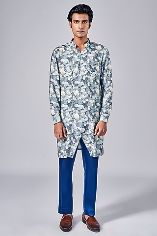 Navy Blue Silk Printed Asymmetric Kurta Set by Arjuun Kilachand