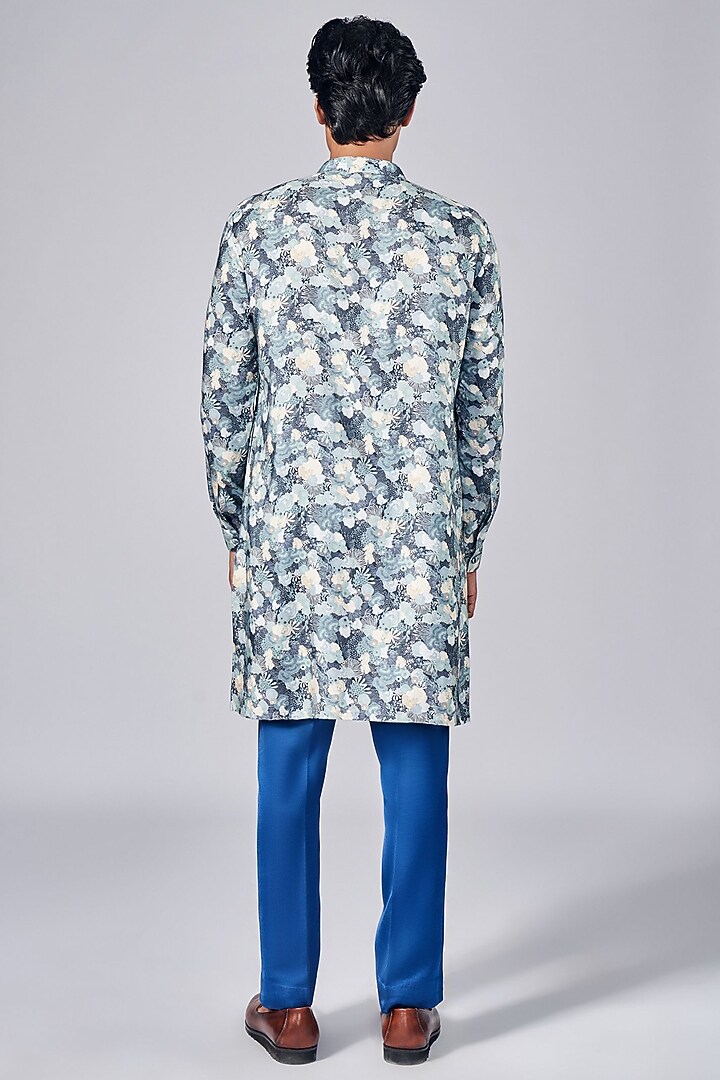 Navy Blue Silk Printed Asymmetric Kurta Set by Arjuun Kilachand at Pernia's Pop Up Shop