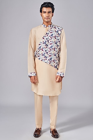 Beige Silk Printed Overlap Kurta Set by Arjuun Kilachand