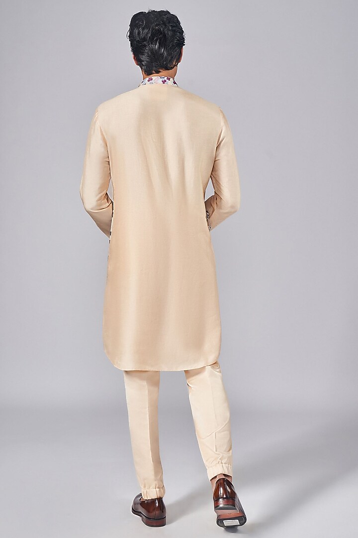 Beige Silk Printed Overlap Kurta Set by Arjuun Kilachand at Pernia's Pop Up Shop