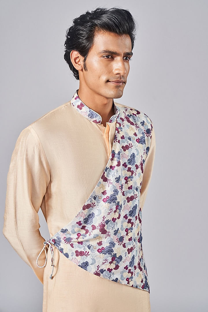 Beige Silk Printed Overlap Kurta Set by Arjuun Kilachand at Pernia's Pop Up Shop