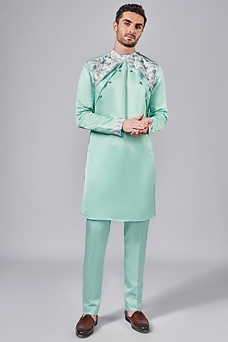 Mint Green Silk Printed Kurta Set by Arjuun Kilachand