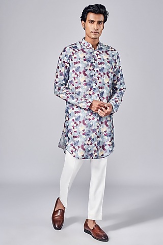 Grey Silk Printed Kurta Set by Arjuun Kilachand