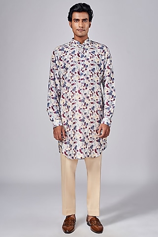 Beige Silk Printed Kurta Set by Arjuun Kilachand