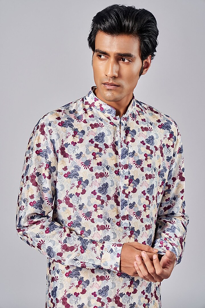 Beige Silk Printed Kurta Set by Arjuun Kilachand at Pernia's Pop Up Shop