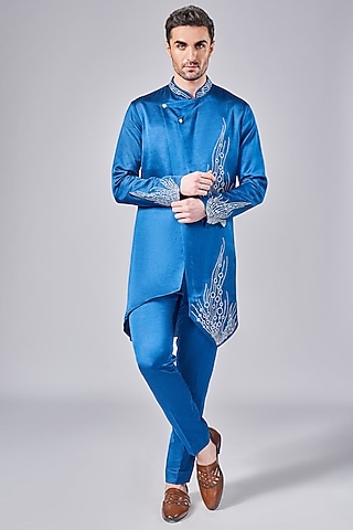 Cobalt Blue Silk Thread Embroidered Overlap Kurta Set by Arjuun Kilachand