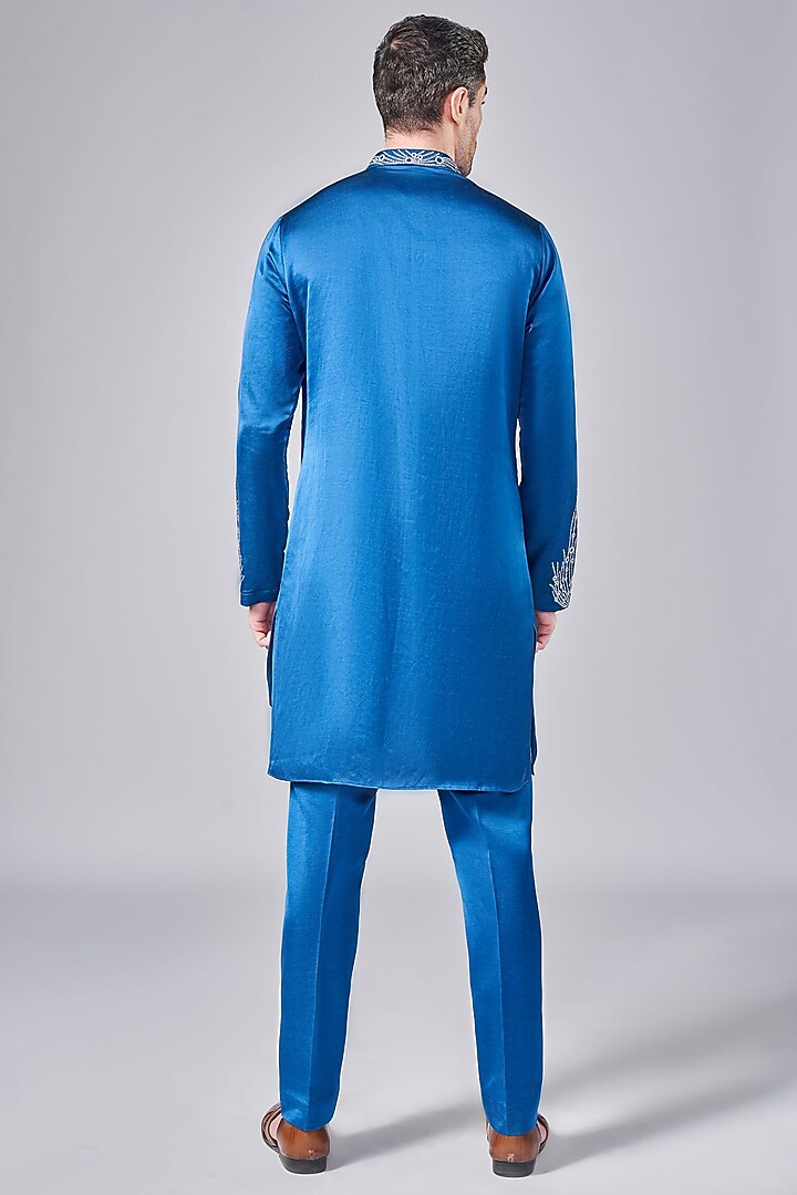 Cobalt Blue Silk Thread Embroidered Overlap Kurta Set by Arjuun Kilachand at Pernia's Pop Up Shop