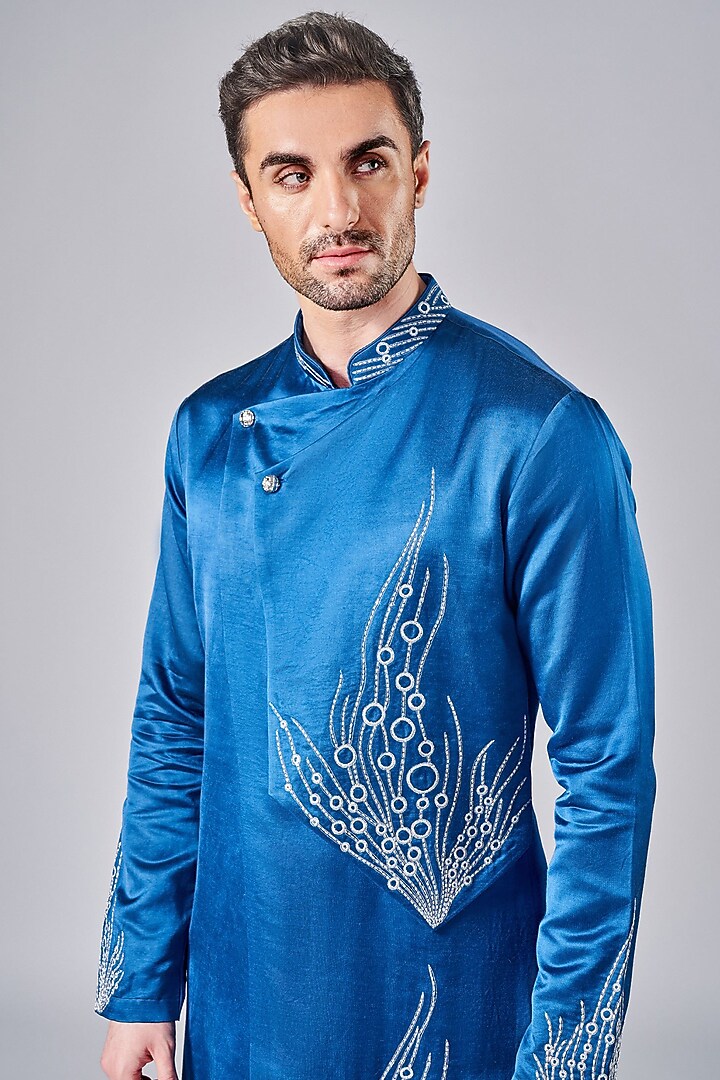 Cobalt Blue Silk Thread Embroidered Overlap Kurta Set by Arjuun Kilachand at Pernia's Pop Up Shop
