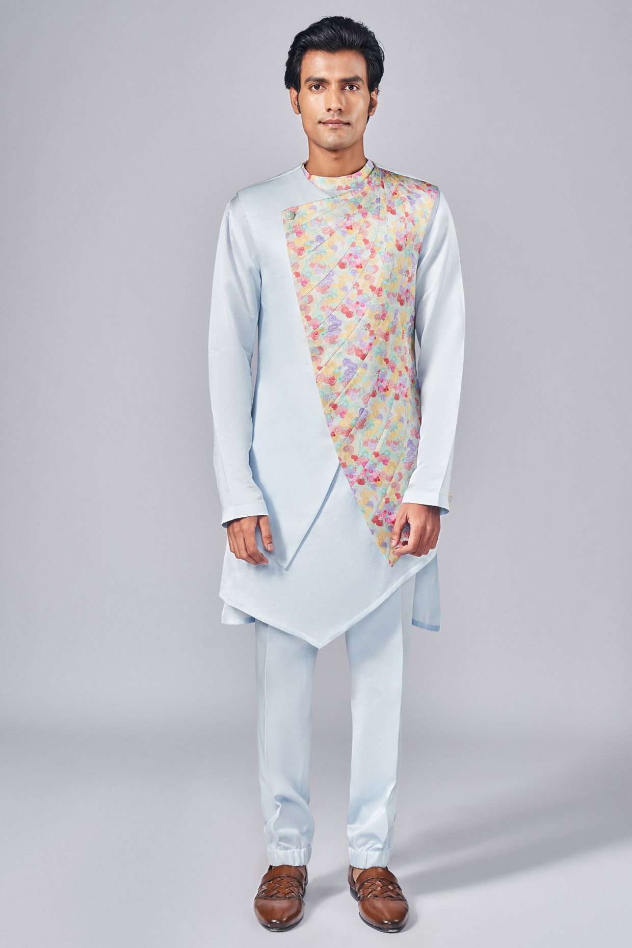 Arjuun Kilachand Frozen Blue Silk Printed Indowestern Jacket Set