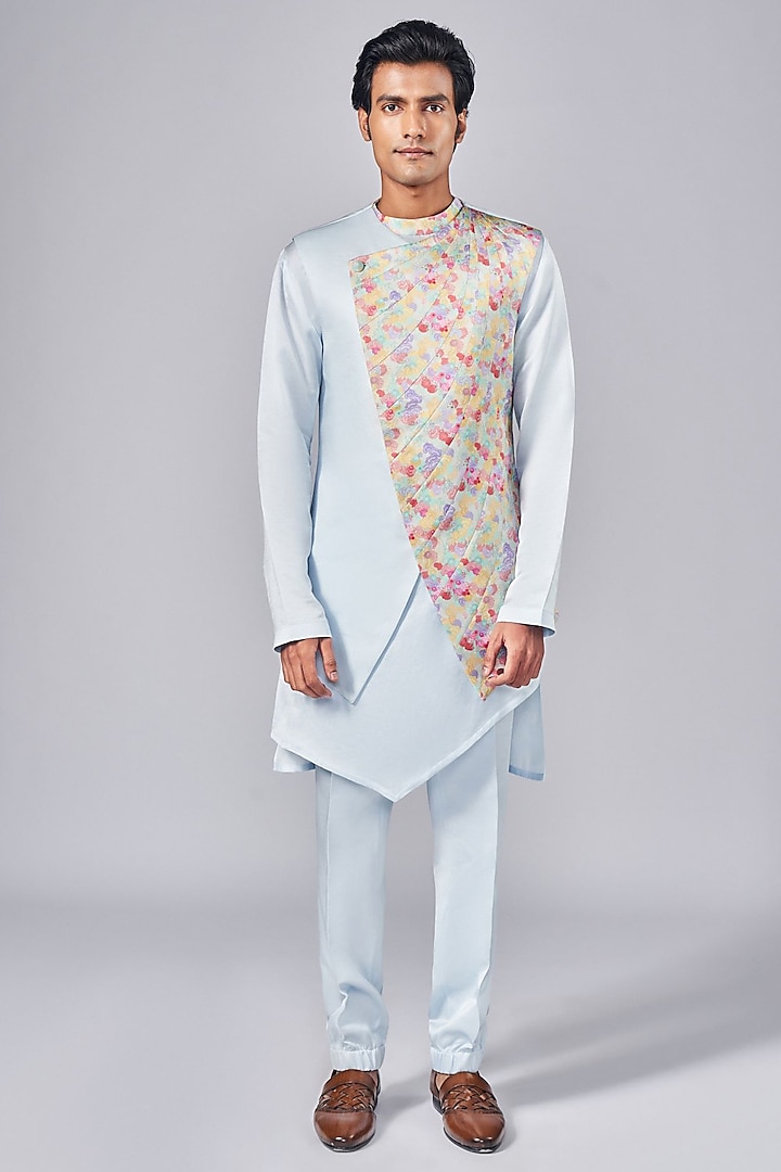 Frozen Blue Silk Printed Indowestern Jacket Set by Arjuun Kilachand