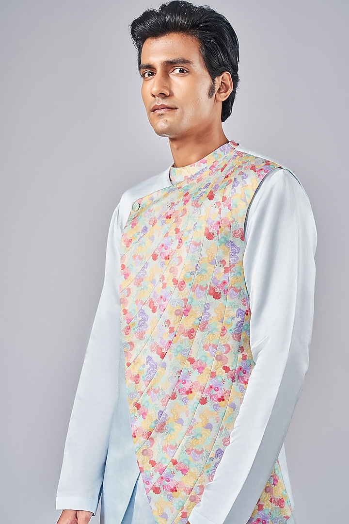 Frozen Blue Silk Printed Wedding Indowestern Jacket Set by Arjuun Kilachand at Pernia's Pop Up Shop
