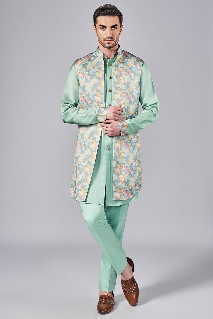 Mint Green Silk Printed Indowestern Jacket Set by Arjuun Kilachand