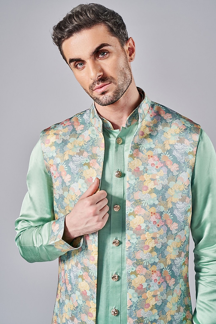 Mint Green Silk Printed Wedding Indowestern Jacket Set by Arjuun Kilachand at Pernia's Pop Up Shop
