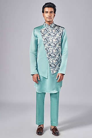 Mint Green Silk Printed Overlap Indowestern Jacket Set by Arjuun Kilachand