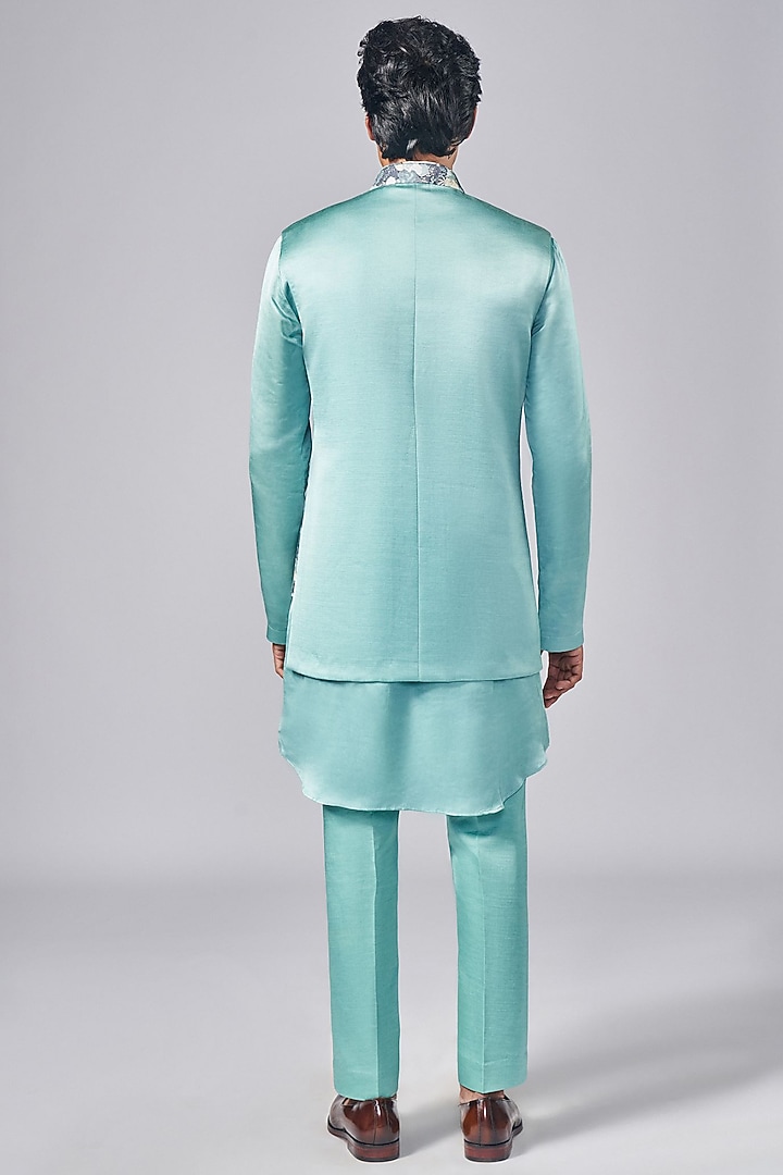 Mint Green Silk Printed Overlap Wedding Indowestern Jacket Set by Arjuun Kilachand at Pernia's Pop Up Shop