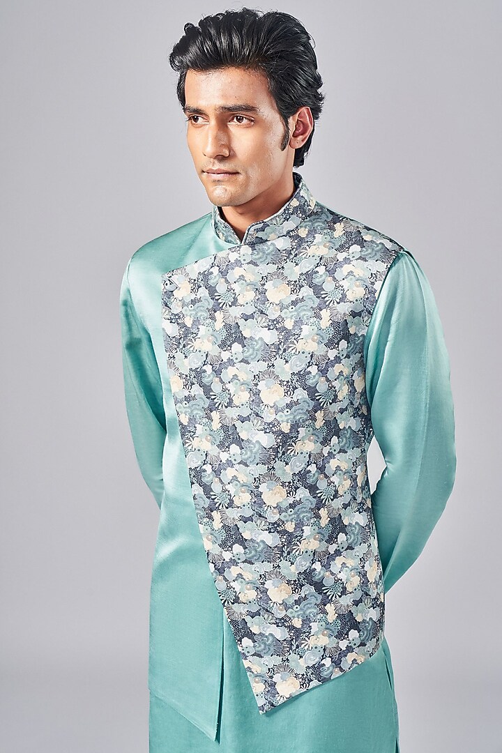 Mint Green Silk Printed Overlap Wedding Indowestern Jacket Set by Arjuun Kilachand at Pernia's Pop Up Shop