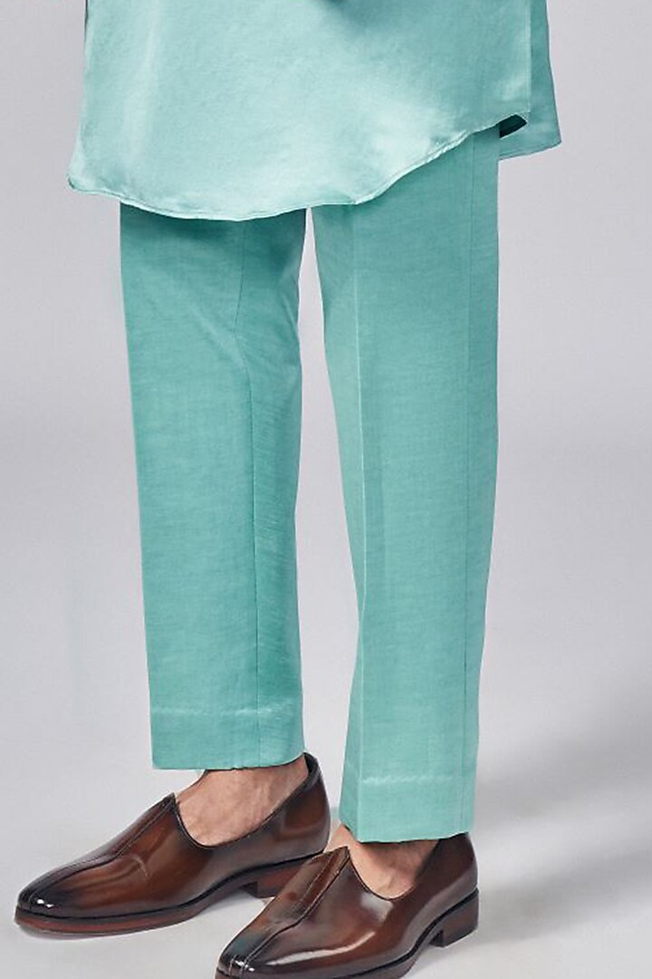 Mint Green Silk Printed Overlap Wedding Indowestern Jacket Set by Arjuun Kilachand at Pernia's Pop Up Shop