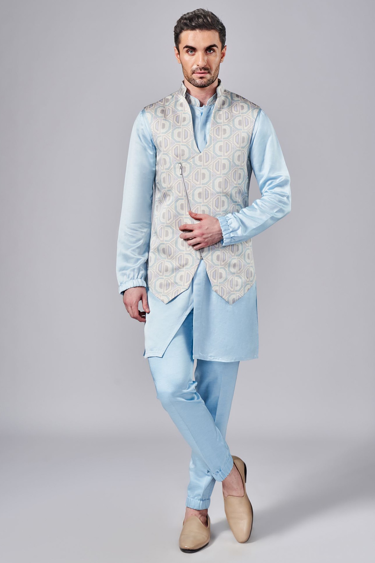 Arjuun Kilachand Frozen Blue Silk Printed Indowestern Jacket Set