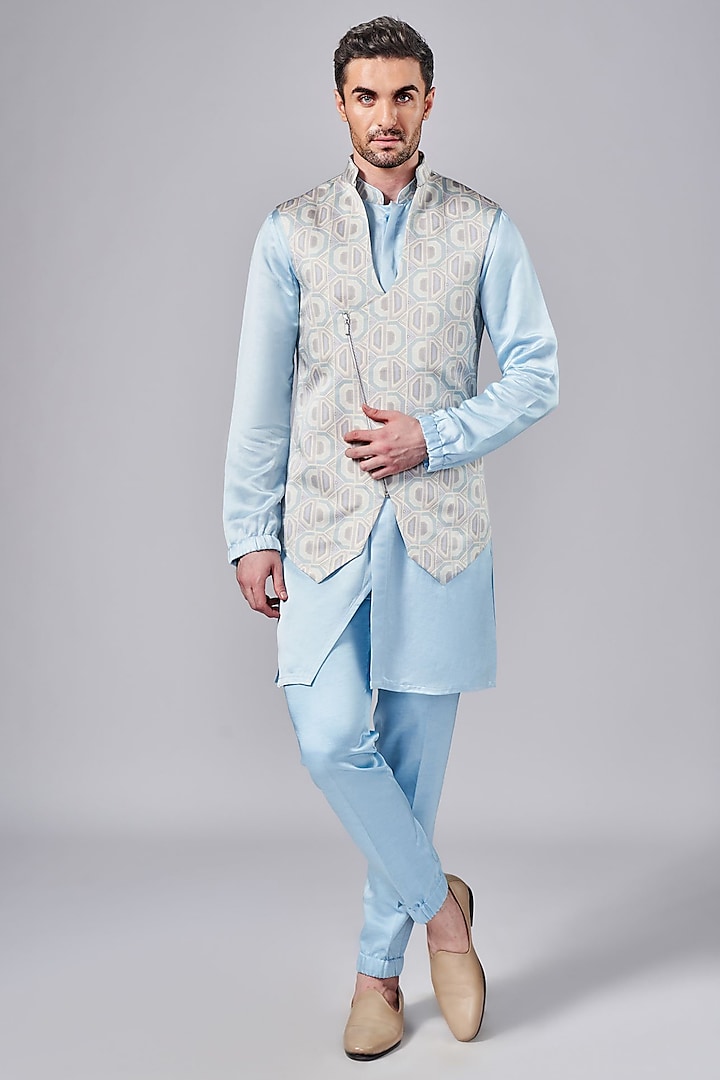 Frozen Blue Silk Printed Indowestern Jacket Set by Arjuun Kilachand