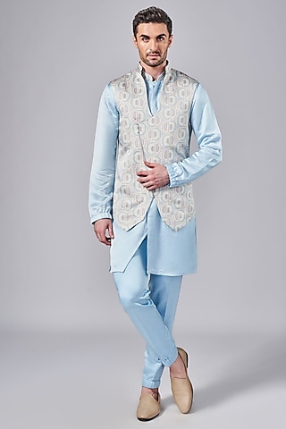 Frozen Blue Silk Printed Indowestern Jacket Set by Arjuun Kilachand