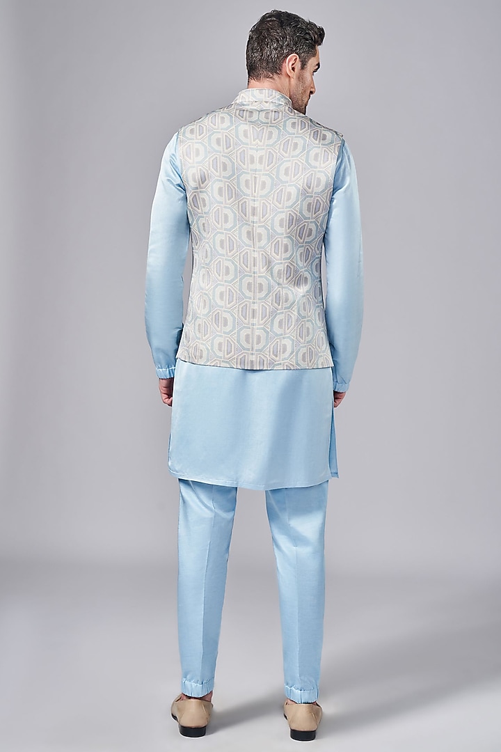Frozen Blue Silk Printed Wedding Indowestern Jacket Set by Arjuun Kilachand at Pernia's Pop Up Shop