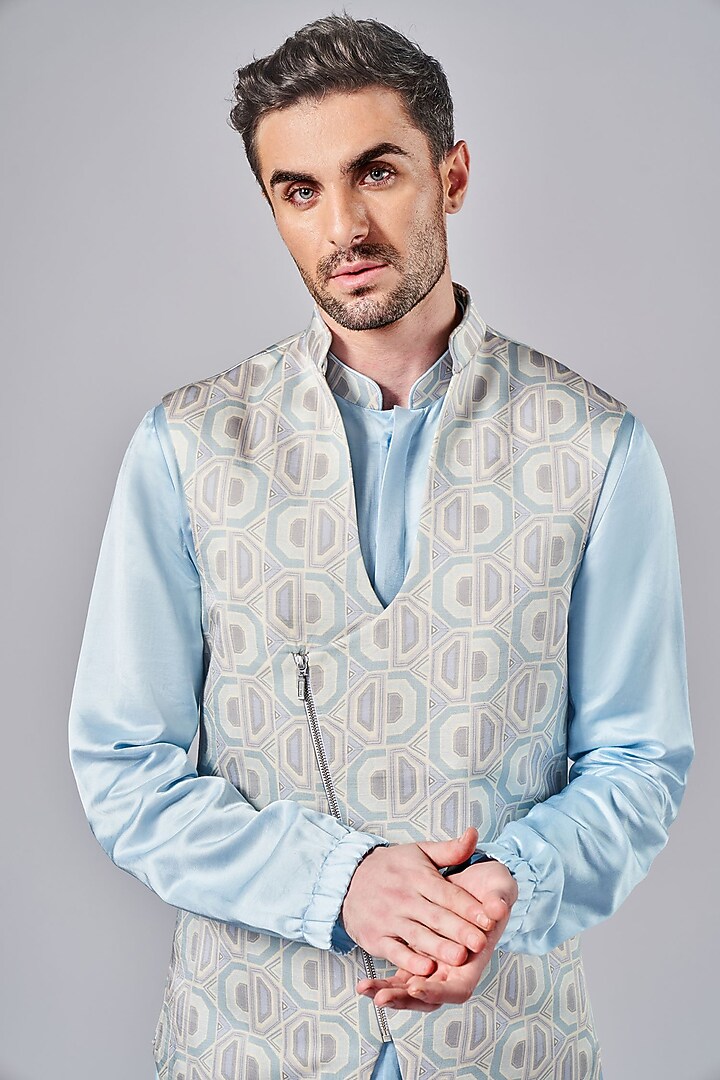 Frozen Blue Silk Printed Wedding Indowestern Jacket Set by Arjuun Kilachand at Pernia's Pop Up Shop