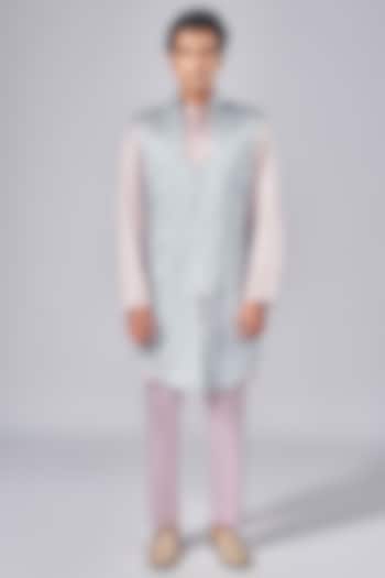 Rose Grey Silk Printed Indowestern Jacket Set by Arjuun Kilachand