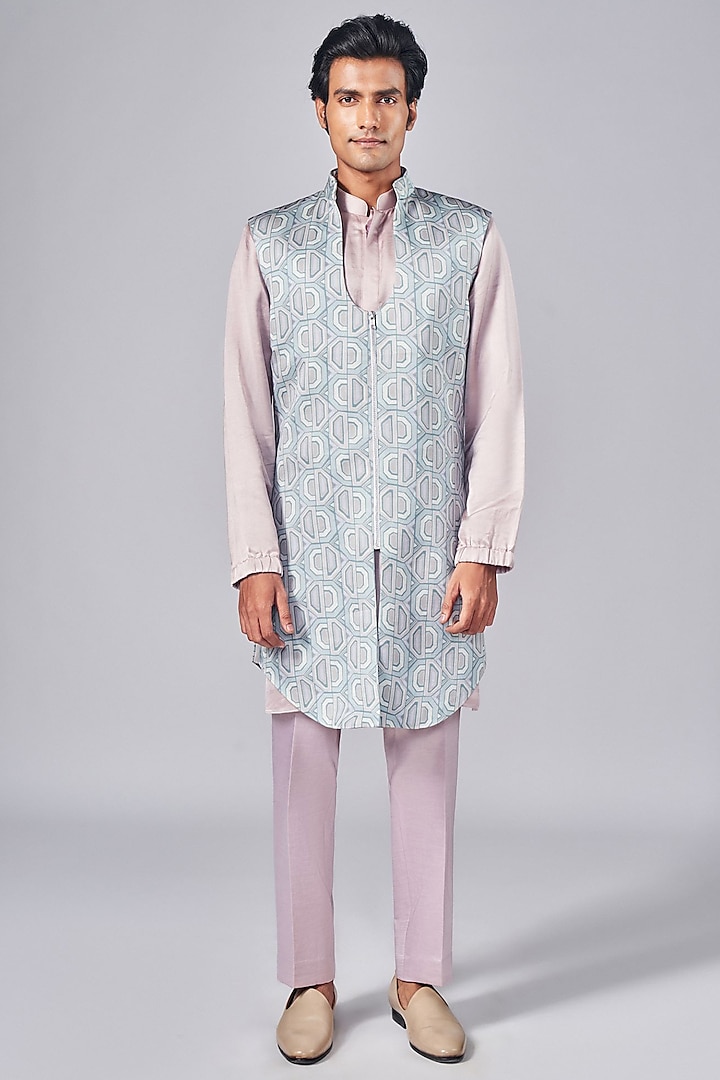 Rose Grey Silk Printed Indowestern Jacket Set by Arjuun Kilachand