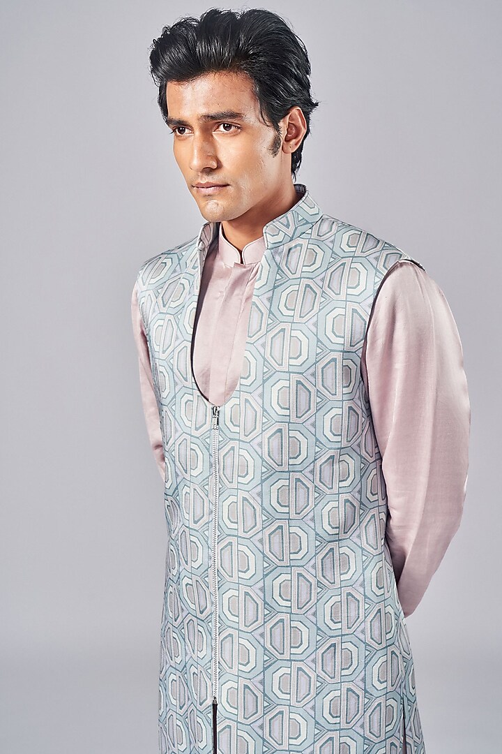 Rose Grey Silk Printed Wedding Indowestern Jacket Set by Arjuun Kilachand at Pernia's Pop Up Shop