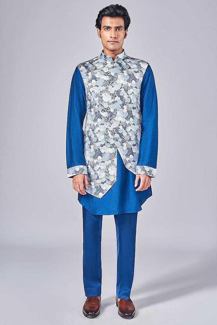 Multi-Colored Silk Printed Asymmetric Indowestern Jacket Set by Arjuun Kilachand