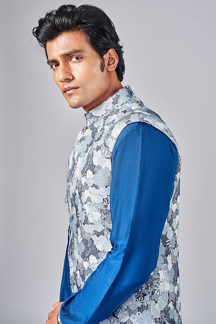 Multi-Colored Silk Printed Asymmetric Wedding Indowestern Jacket Set by Arjuun Kilachand at Pernia's Pop Up Shop