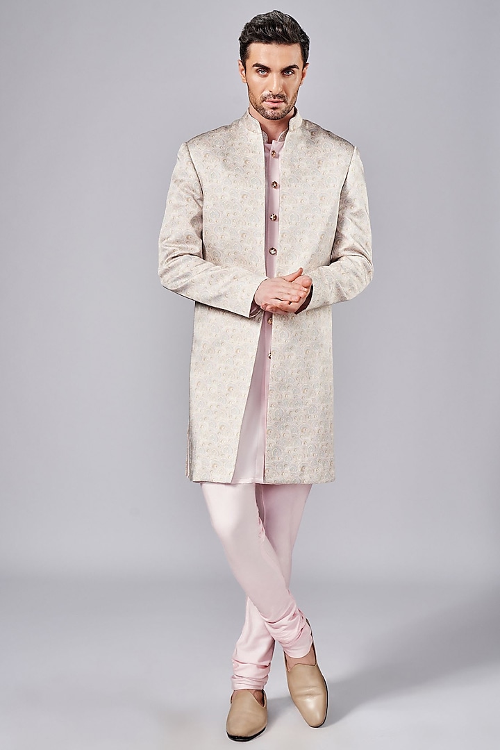 Light Pink Silk Printed Indowestern Jacket Set by Arjuun Kilachand