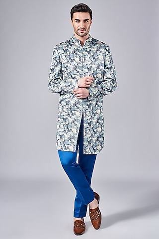 Navy Blue Silk Printed Sherwani Set by Arjuun Kilachand