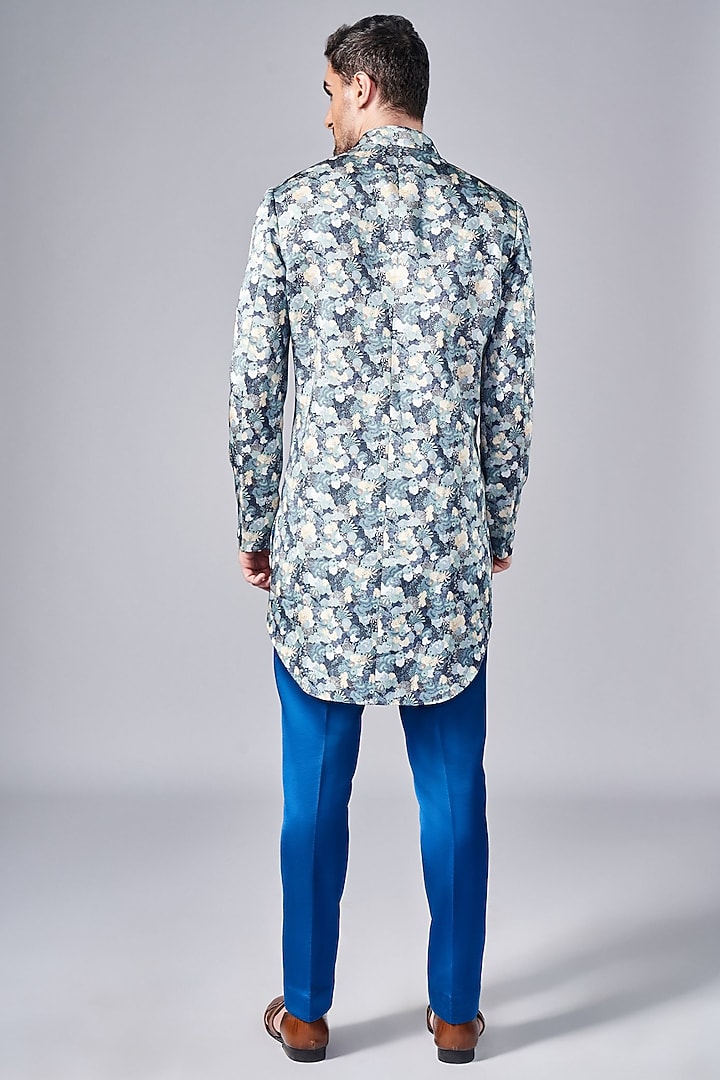 Navy Blue Silk Printed Wedding Sherwani Set by Arjuun Kilachand at Pernia's Pop Up Shop